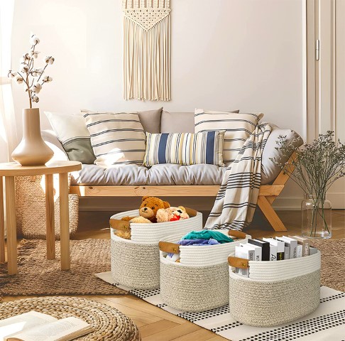 3 Pack Woven Cotton Rope Cube Storage Baskets - Image 2